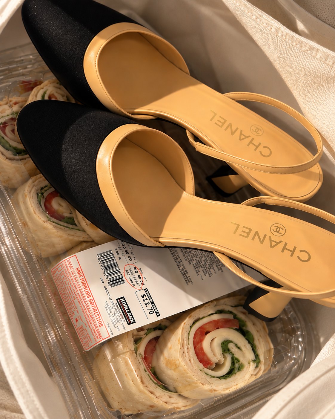 Inside a bag: Chanel slingback shoes resting on a plastic container of pinwheel sandwiches