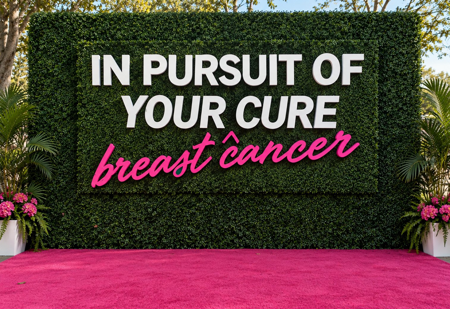 A green hedge wall photo backdrop reading IN PURSUIT OF YOUR CURE with breast cancer in pink script, above a pink carpet flanked by potted palms