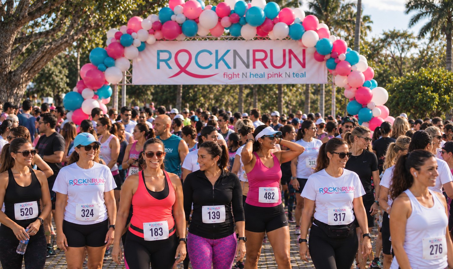 A large crowd of Rock N Run participants in race bibs and pink, white and black shirts gathered under palm trees at the start