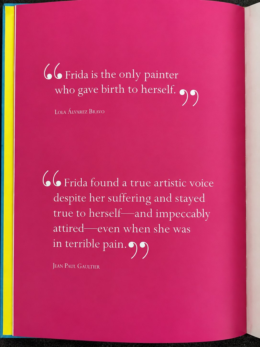 A photograph of a hot pink book page carrying two quotations in white and black serif type