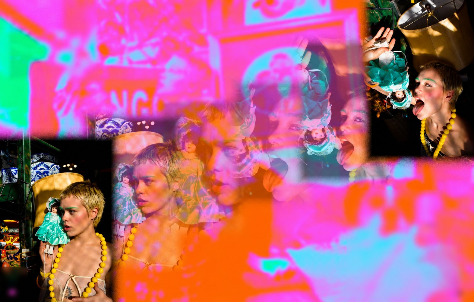 Multi-exposure composite in saturated pink, orange and teal