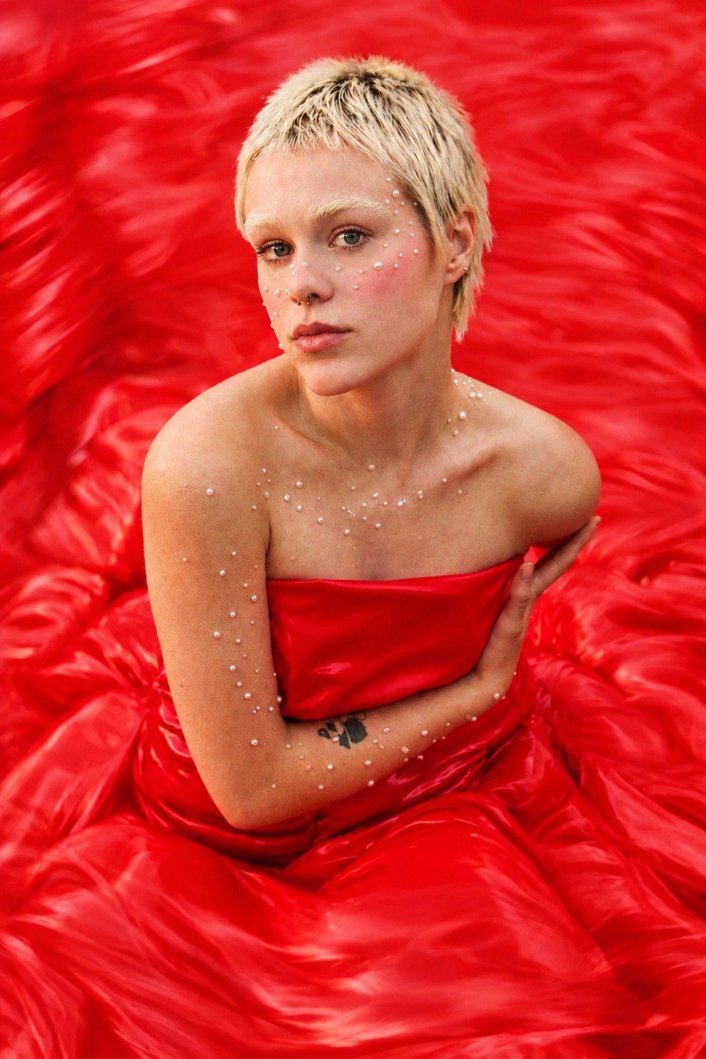 Portrait in red satin against red water