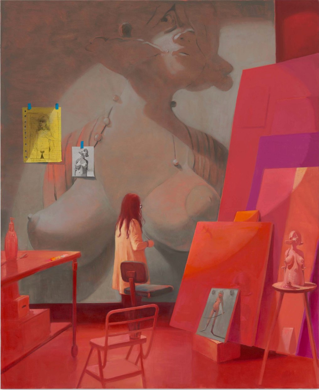 A painting of a red-haired painter in a red studio working on a monumental grisaille of a nude torso
