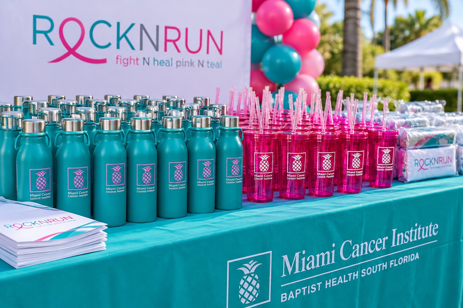 A table of teal water bottles and pink tumblers with the Miami Cancer Institute pineapple logo in front of a Rock N Run banner