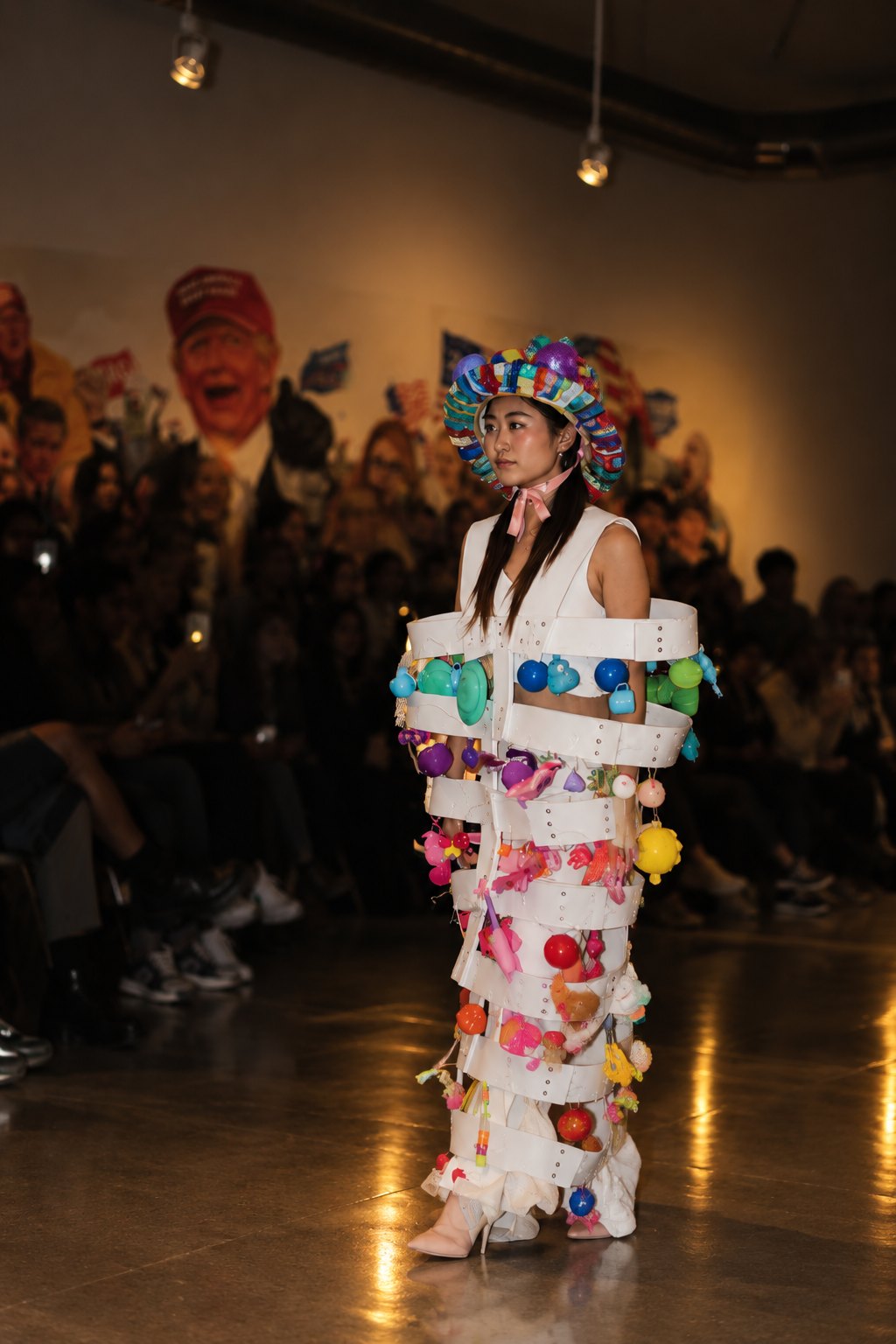 A model on the runway in a white banded look covered in plastic toys, with a colorful headpiece