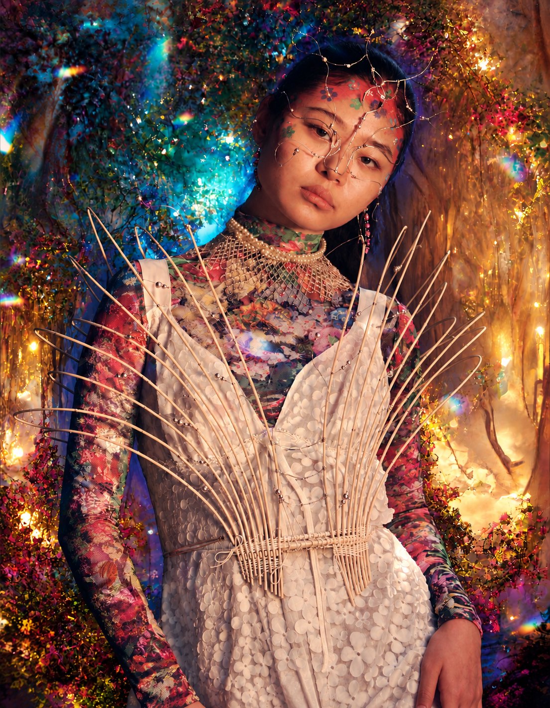 Portrait in a cane bodice and wire headpiece, lit by fire