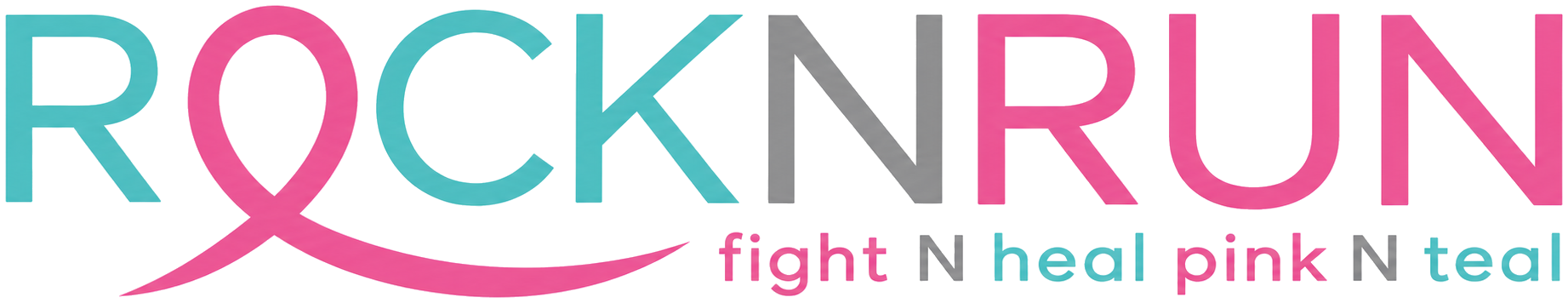 Rock N Run logo in teal, grey and pink with a pink awareness ribbon forming the O, and the tagline fight N heal pink N teal