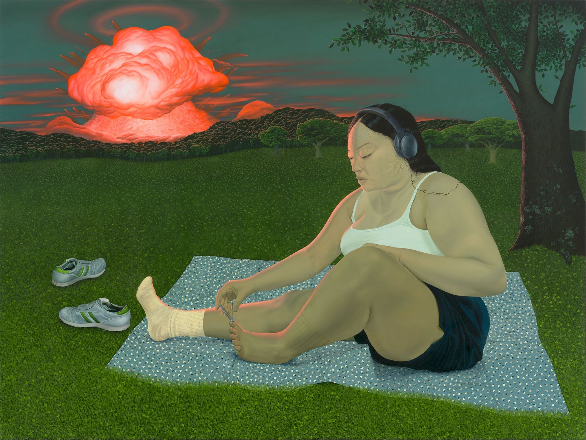 A painting of a woman clipping her toenails on a picnic blanket as a red explosion rises behind the treeline