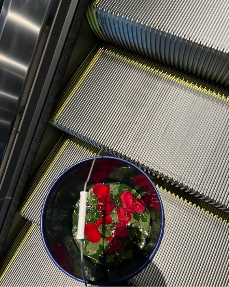 A blue bucket of water and red rose petals sitting at the foot of an escalator