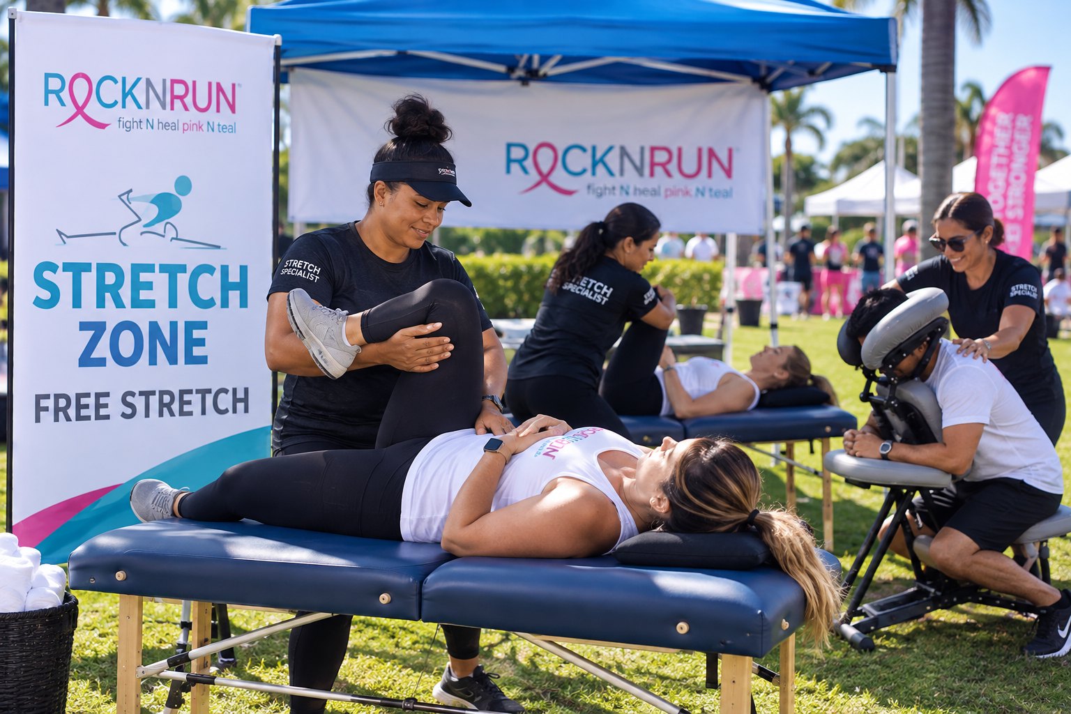 Stretch Zone specialists giving free assisted stretches on massage tables beneath a Rock N Run tent