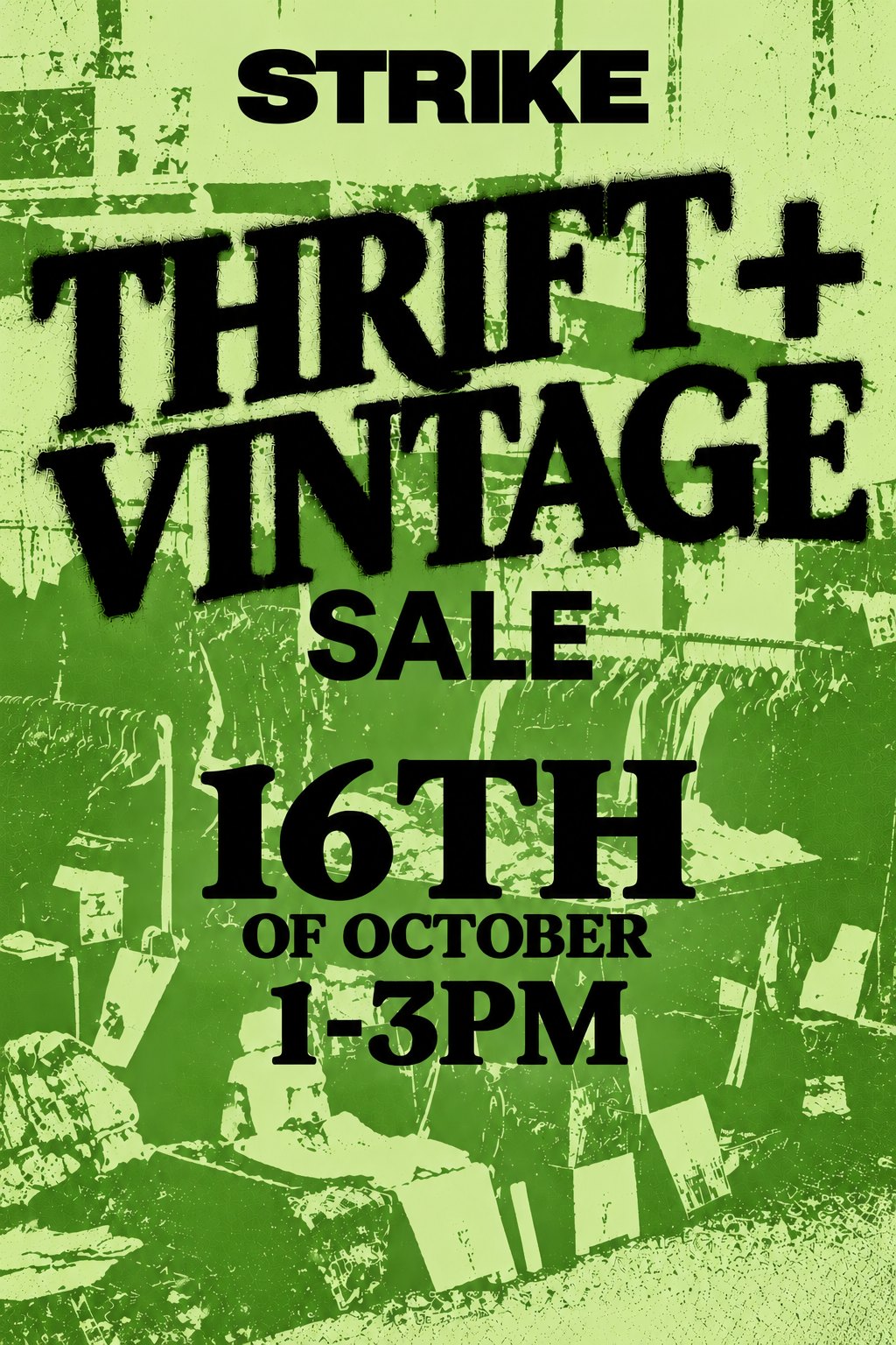 Strike Thrift + Vintage Sale flyer, 16th of October, 1 to 3 PM