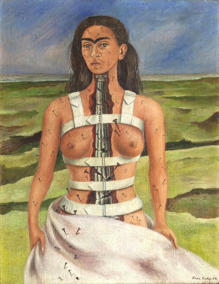 Frida Kahlo&rsquo;s painting of herself before a cracked green landscape, her torso held in a white orthopedic corset with a fractured column in place of her spine