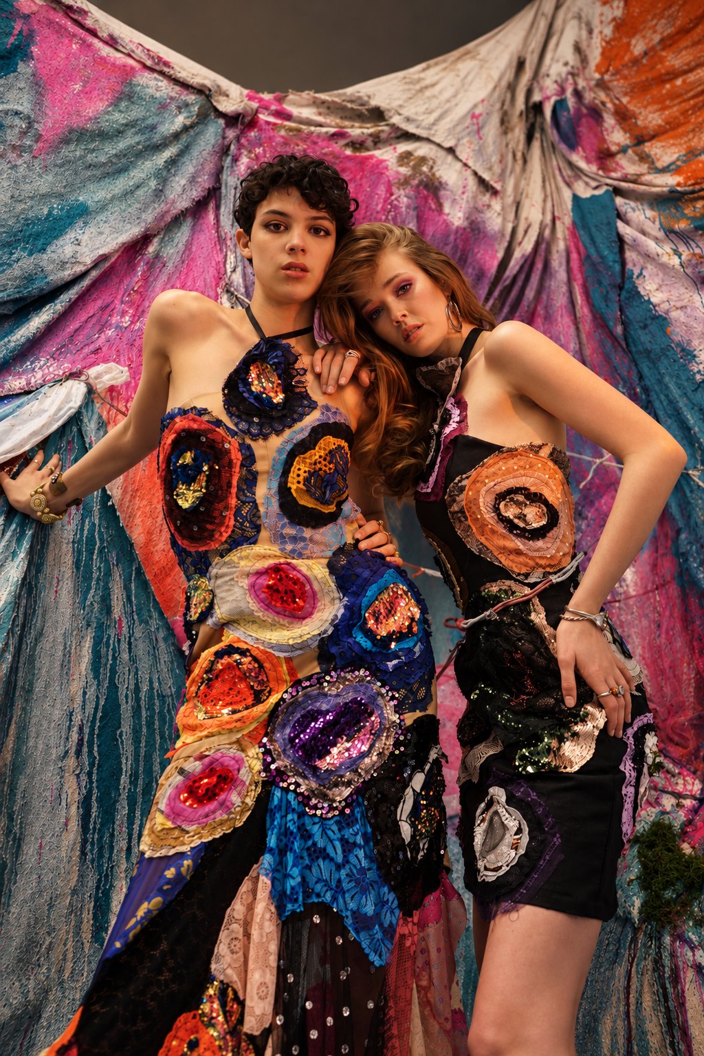 Two models in embellished patchwork looks against a hand-painted textile backdrop, Strike