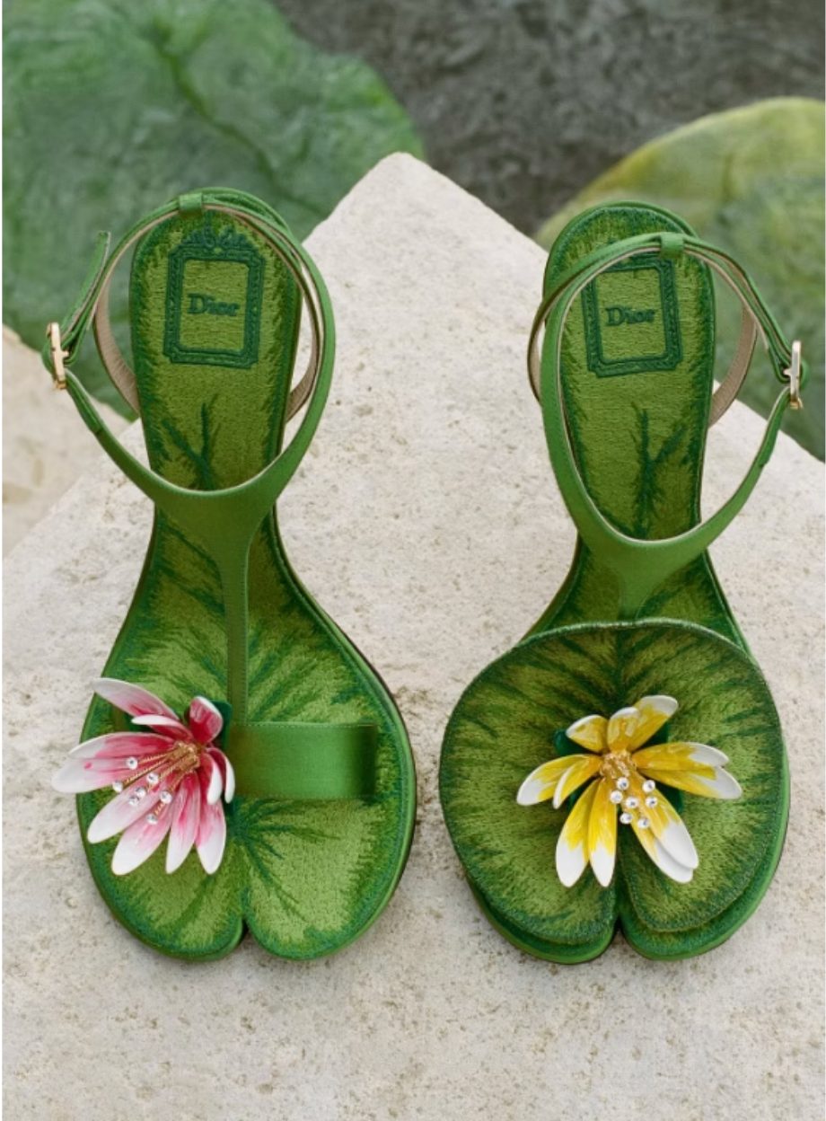 Green satin Dior sandals with embroidered lily-pad soles