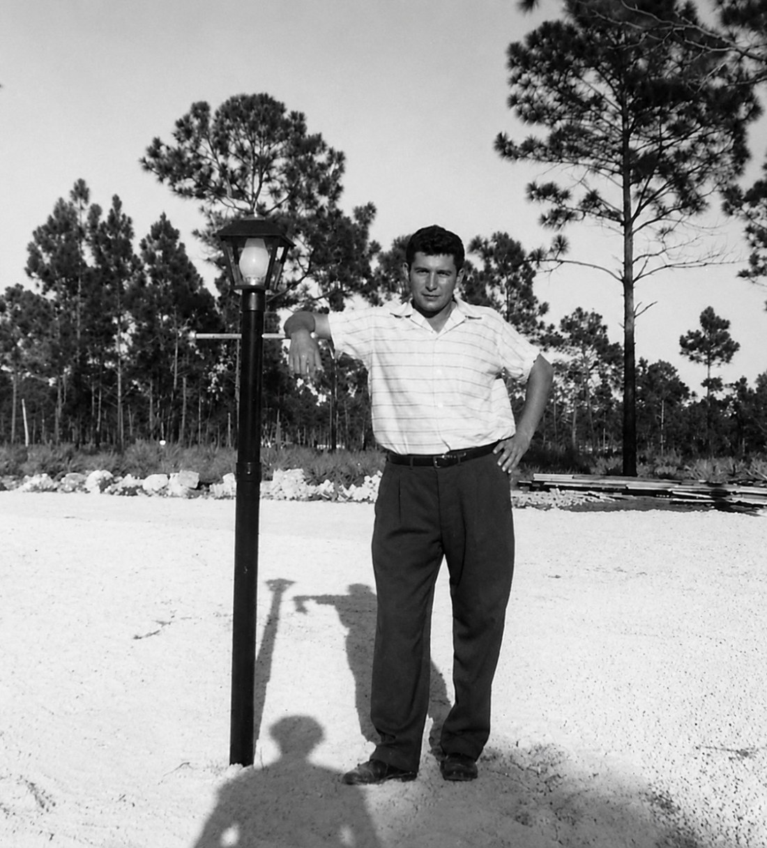Marvin Hollub in 1954, leaning on a streetlamp on a cleared lot with pines behind him