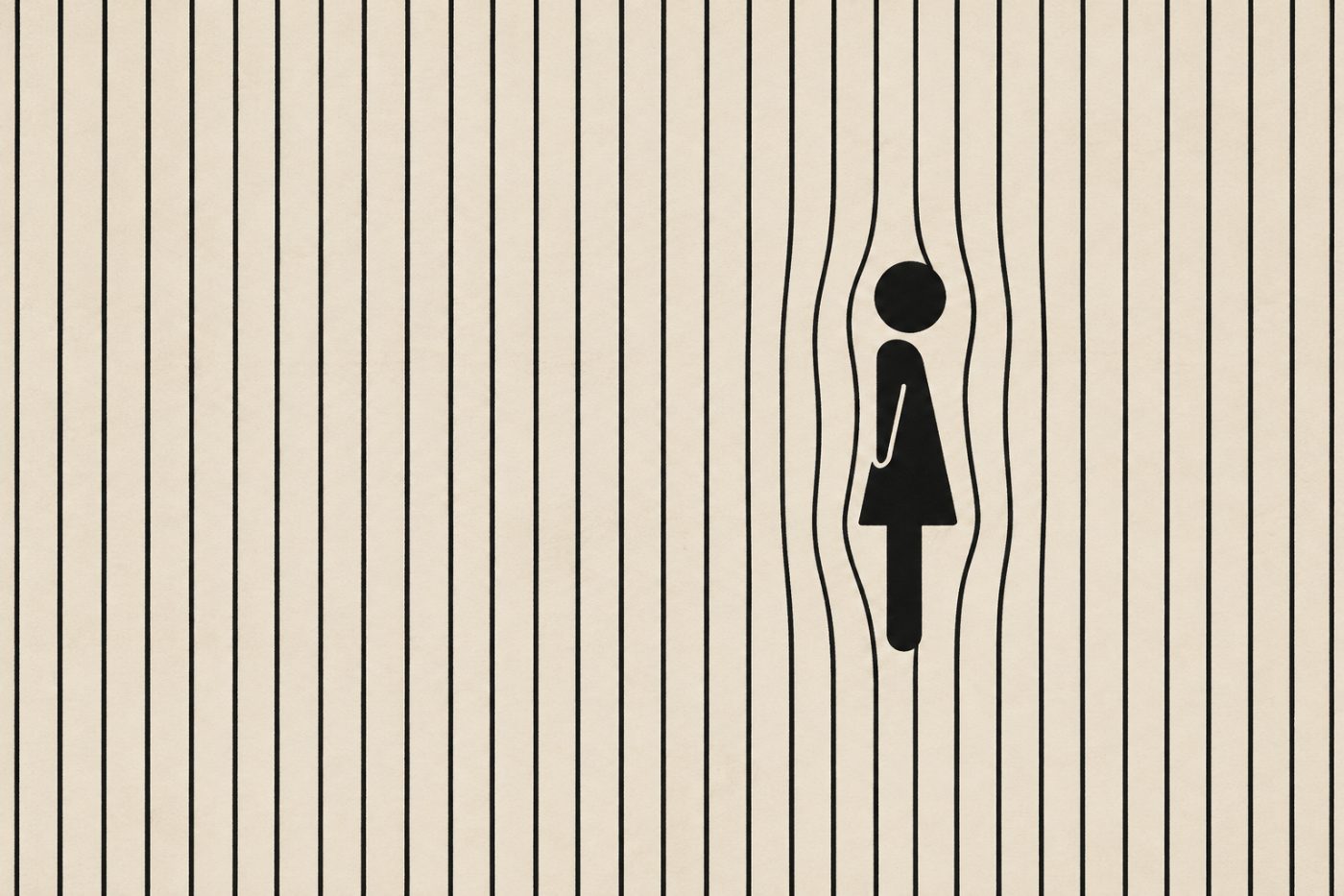 Black pinstripes bending around a restroom pictogram