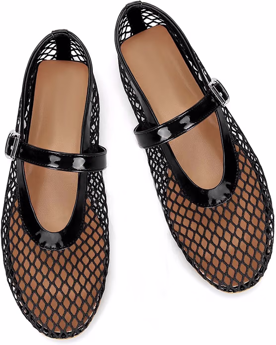 A pair of black mesh buckle ballet flats from an Amazon product listing, photographed from above on white
